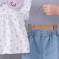 Girls Purple Floral Print Bunny Applique Top With Denim Shorts Set Sets