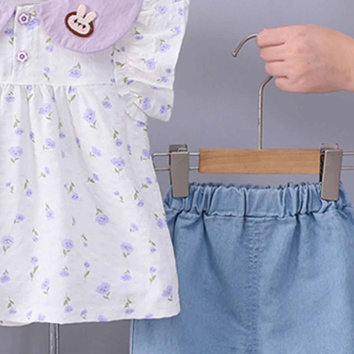 Girls Purple Floral Print Bunny Applique Top With Denim Shorts Set Sets