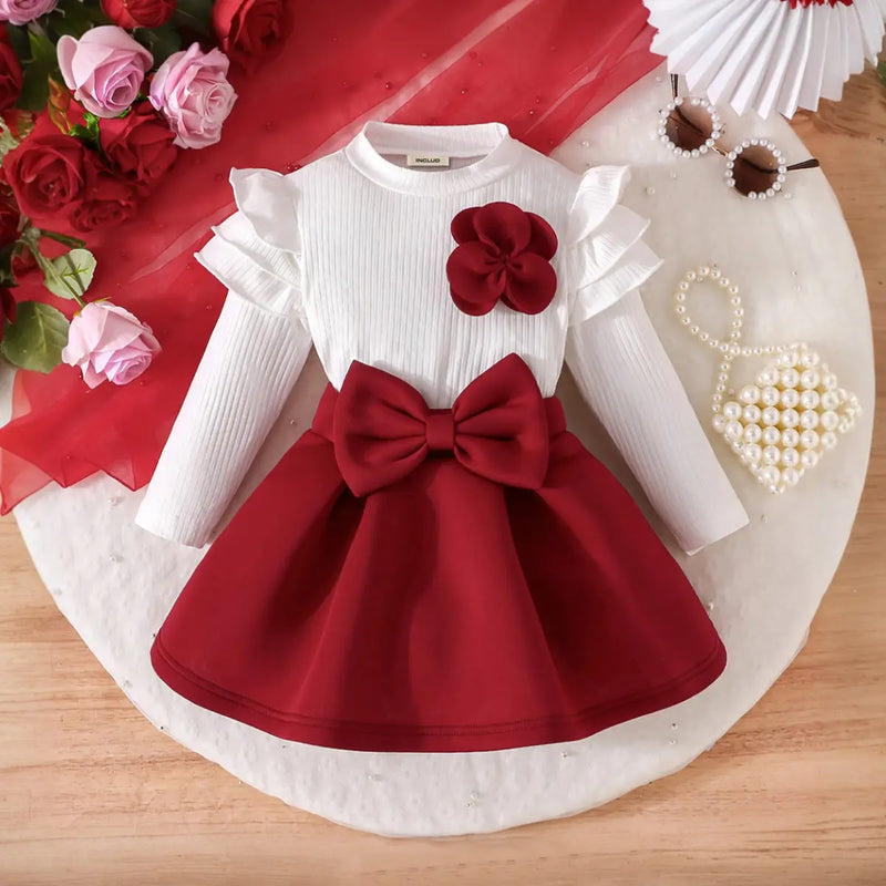 Girls Flower Appliqued Top With Red Pleated Skirt Sets Sets Red 1-2 Y