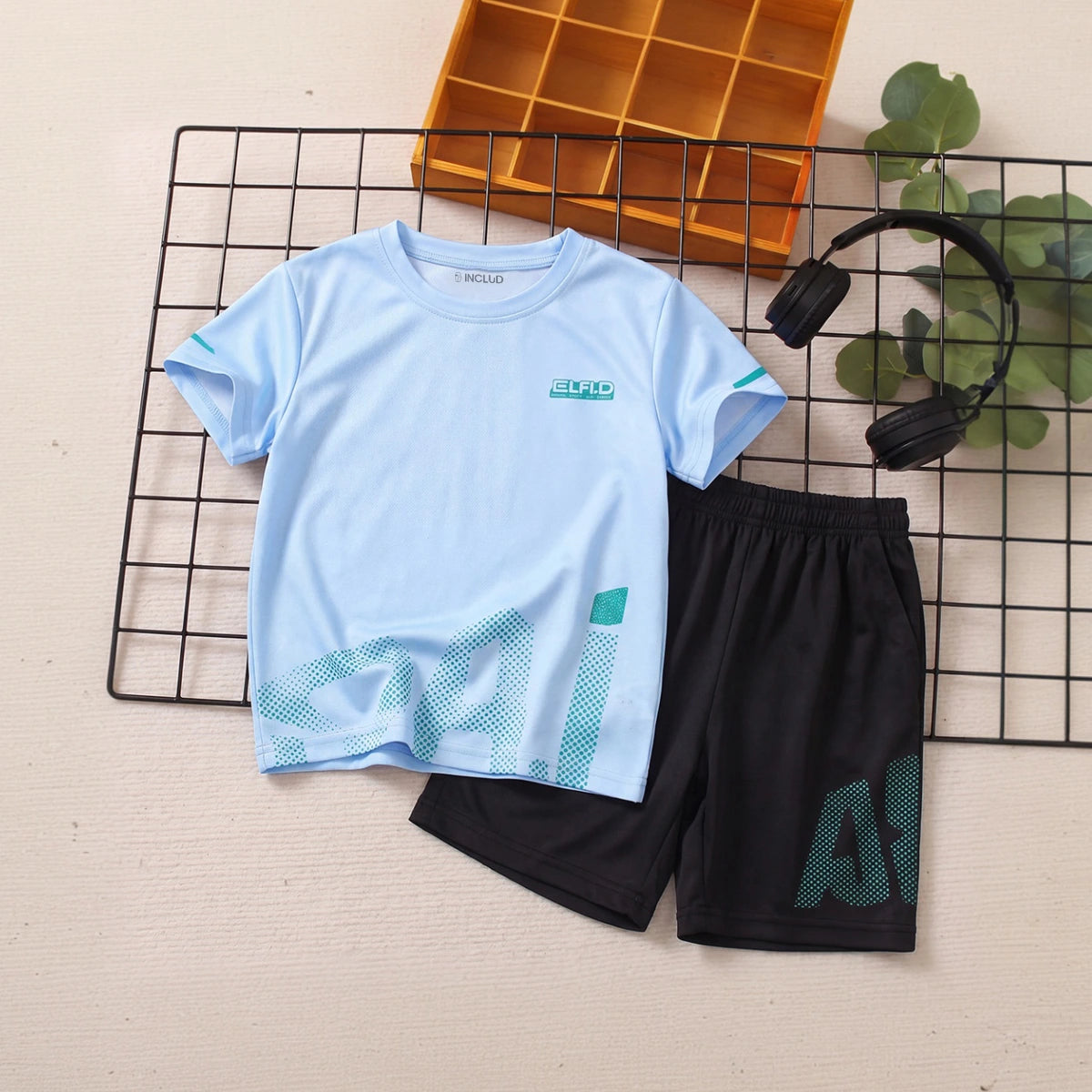 Boys Sky Blue Typography Print Short Sleeve T-Shirt With Shorts Sets 2 pc. Sets Sky Blue 1-2 Y