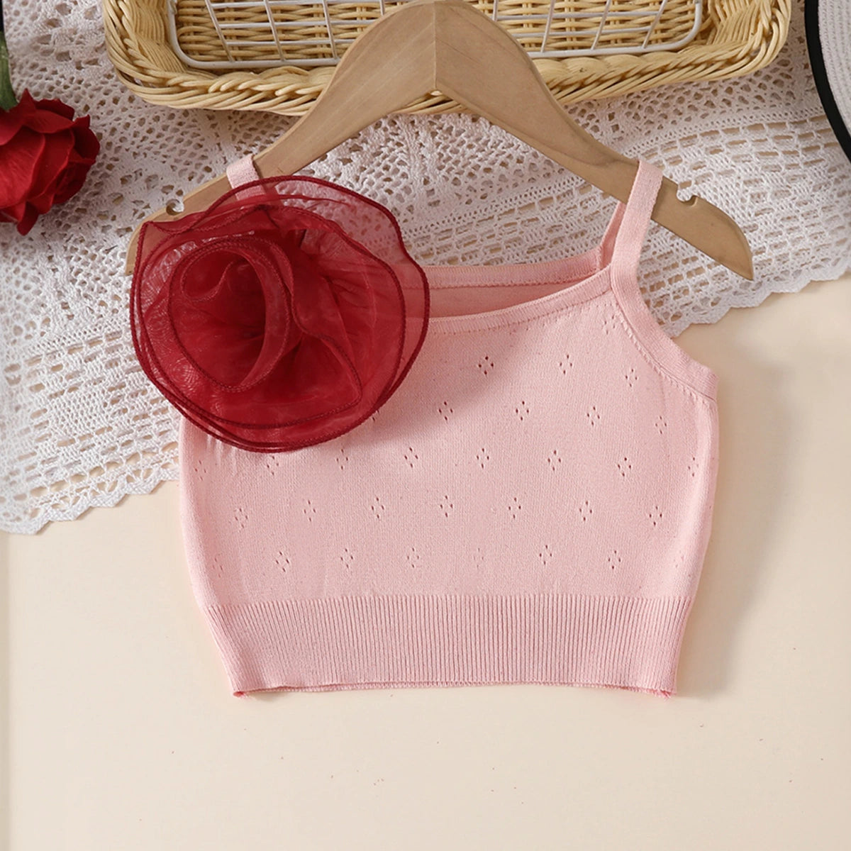 Girls Pink 3D Flower Applique Crop Top With Tiered Tulle Skirts Set Sets