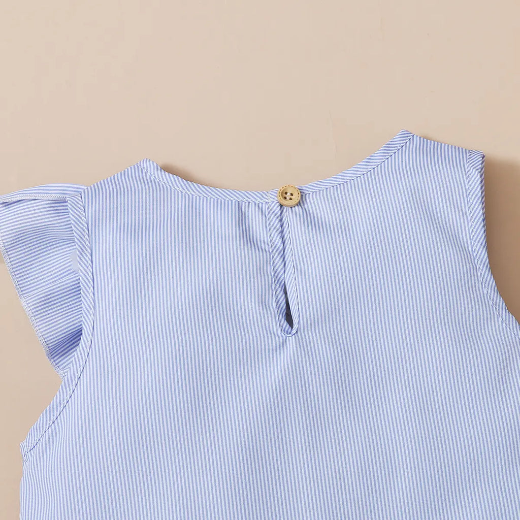 Girls Light Blue Stripes Ruffled Top With Eyelet Hem Skirts Set Sets