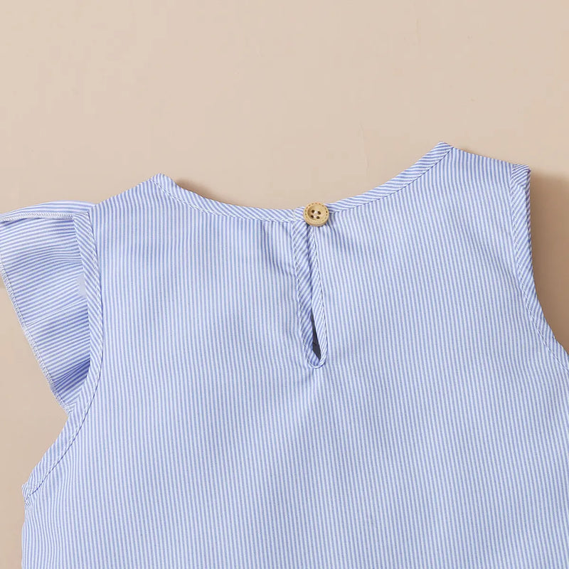 Girls Light Blue Stripes Ruffled Top With Eyelet Hem Skirts Set Sets