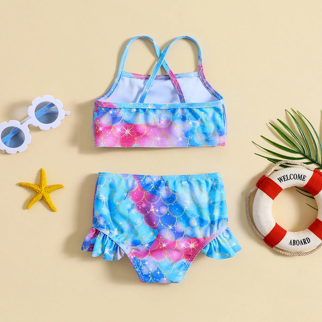 Girls Blue Abstract Printed top With Briefs Swimwear Sets Sets
