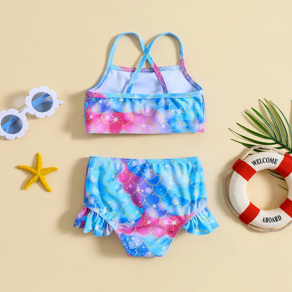 Girls Blue Abstract Printed top With Briefs Swimwear Sets Sets