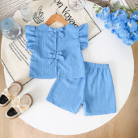 Girls Blue Textured Bow Details Top With Shorts Co-ord Sets Sets