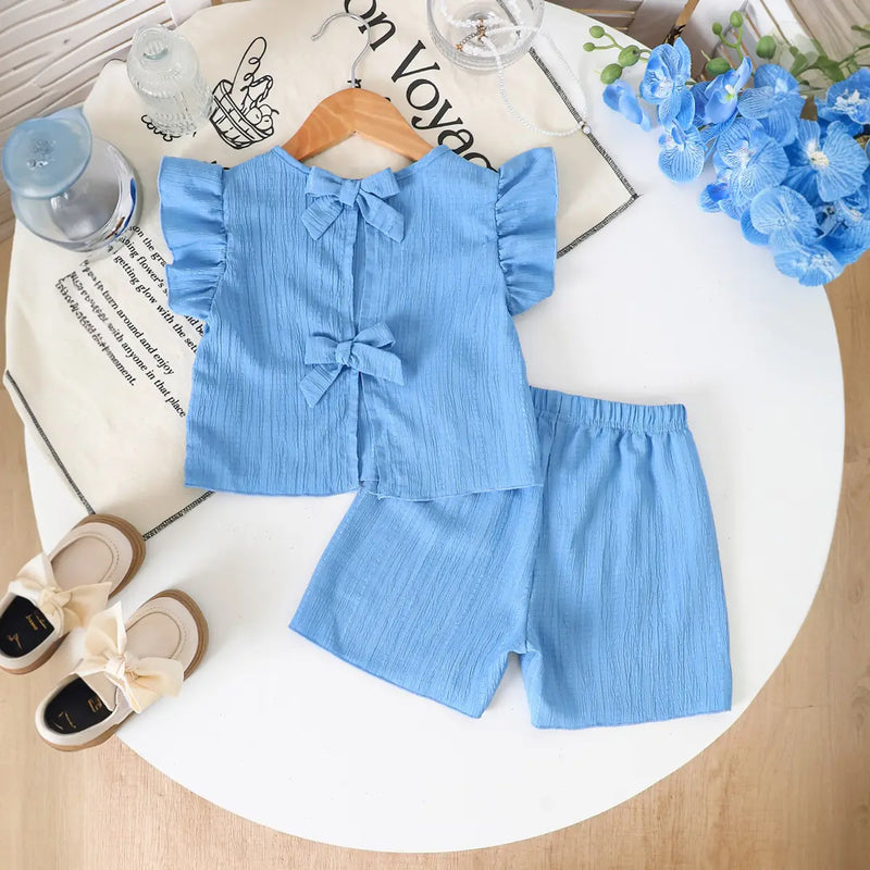 Girls Blue Textured Bow Details Top With Shorts Co-ord Sets Sets