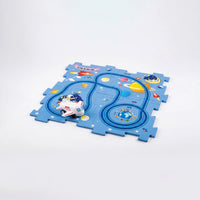 Unisex airplane toy on puzzle track mat with dinosaur and space designs