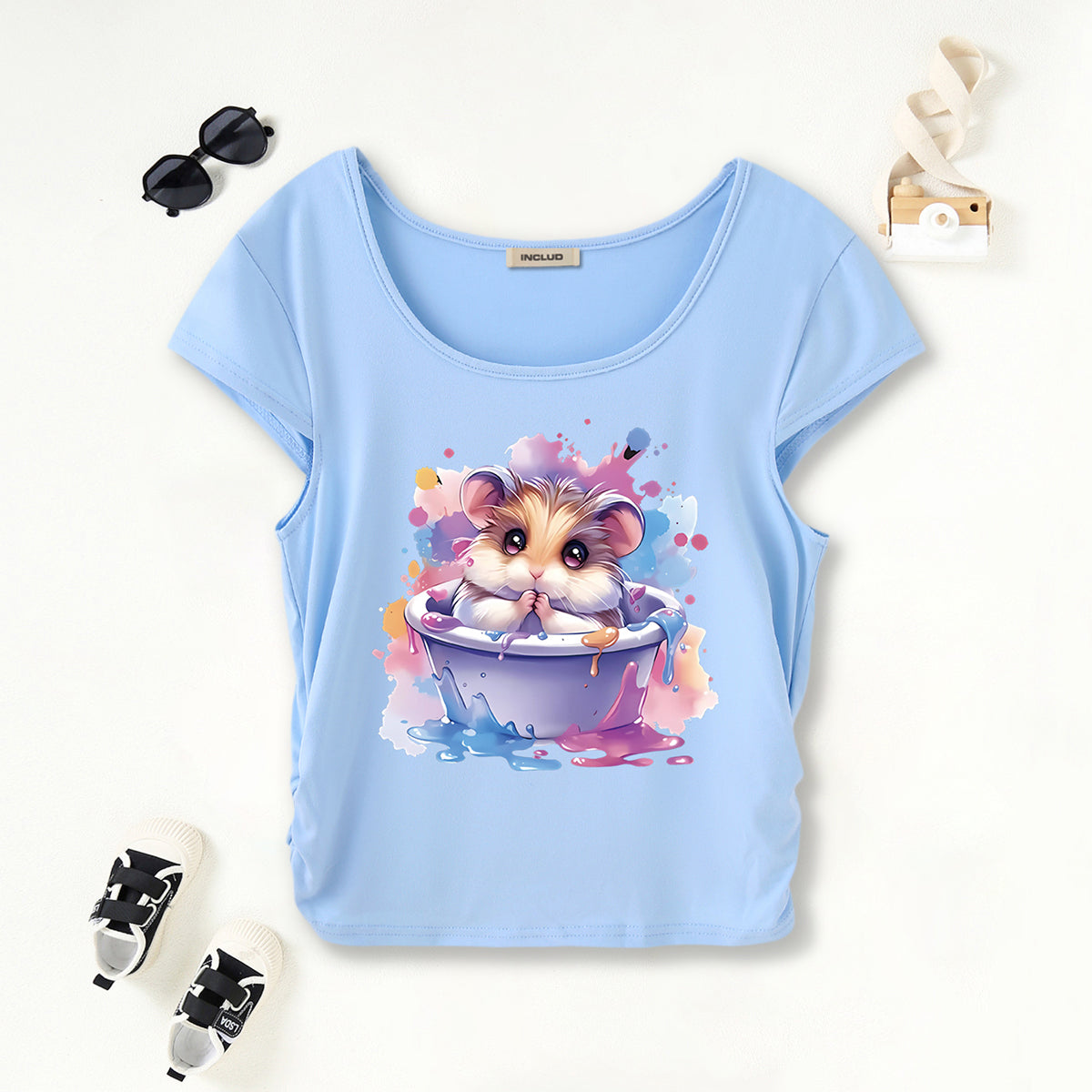 Girls Light Blue Hamster Graphic Short Sleeves Scoop Neck T-Shirt Tshirts Light Blue 7-8 Y