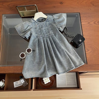Girls Light Blue Flutter Sleeve A-line Denim Dress Casual Dresses Light Blue 1-2 Y
