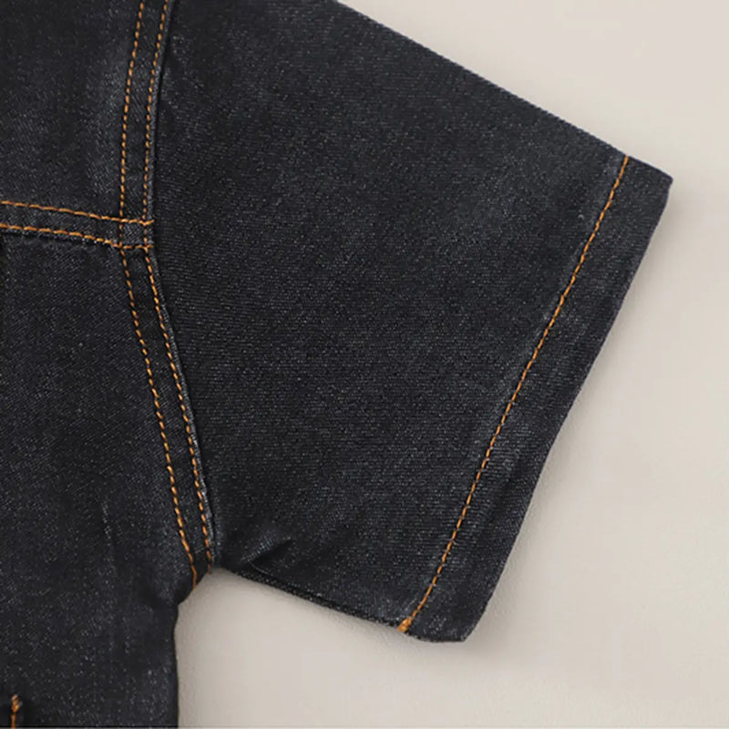 Boys Black Denim Shirt & Shorts With Printed T-Shirt Sets Sets