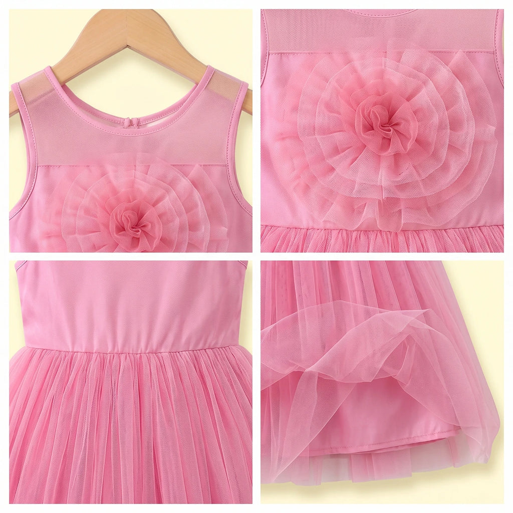 Girls pink sleeveless party gown with floral applique and tulle