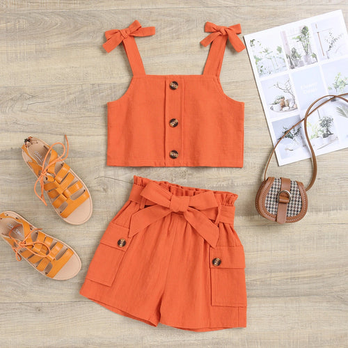 Girls Orange Sleeveless Top With Elasticated Shorts Sets 2 pc. Sets Orange 1-2 Y