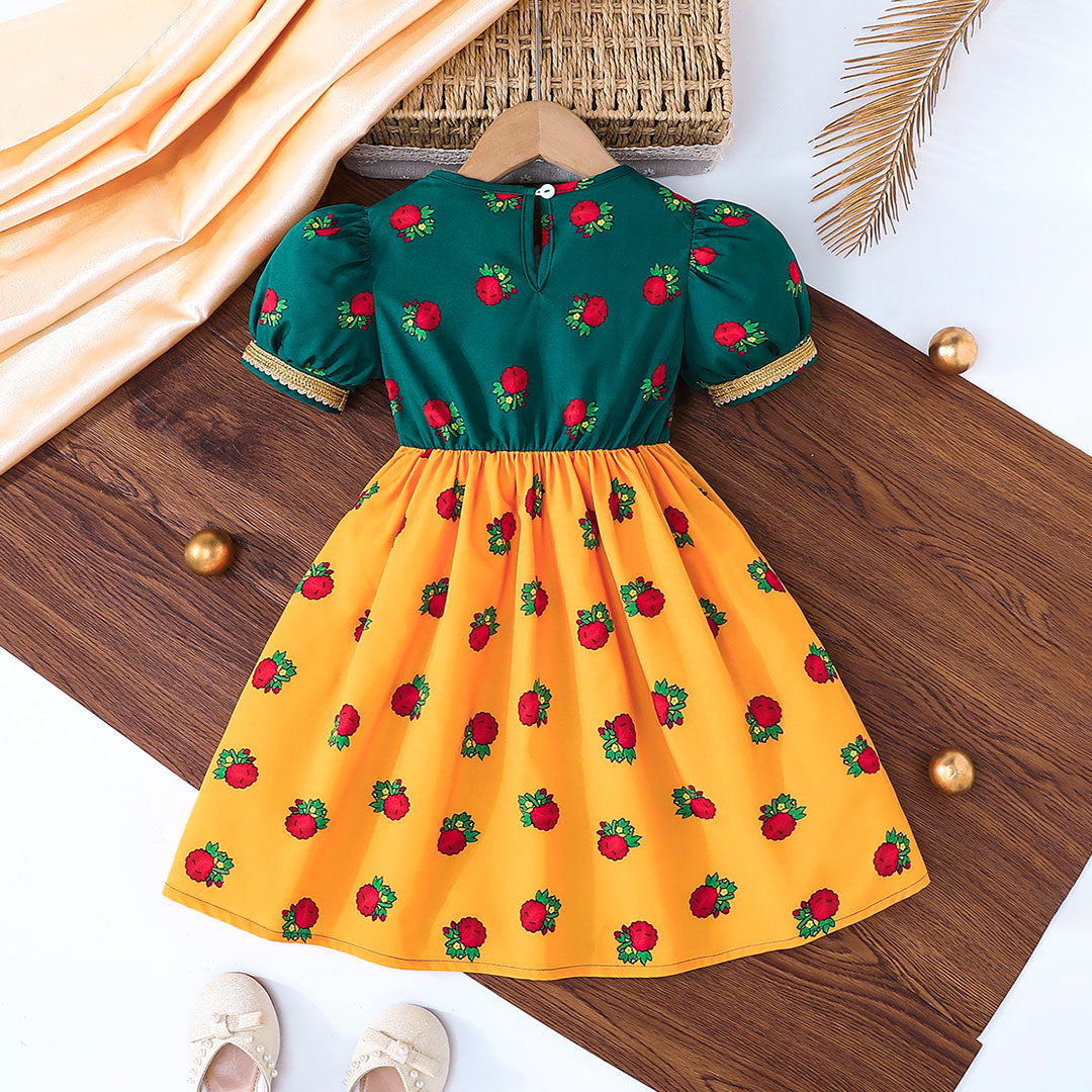 Girls Green Short Sleeve Floral Printed Fit & Flare Dress Casual Dresses