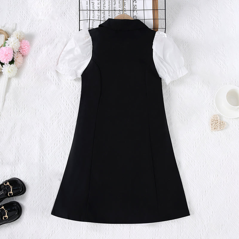 Girls Black and White Puff Sleeves Formal Blazer Dress Casual Dresses