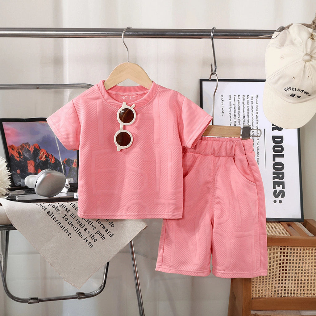 Girls Pink Embossed Print Short Sleeve T-Shirt With Shorts Sets 2 pc. Sets Pink 1-2 Y