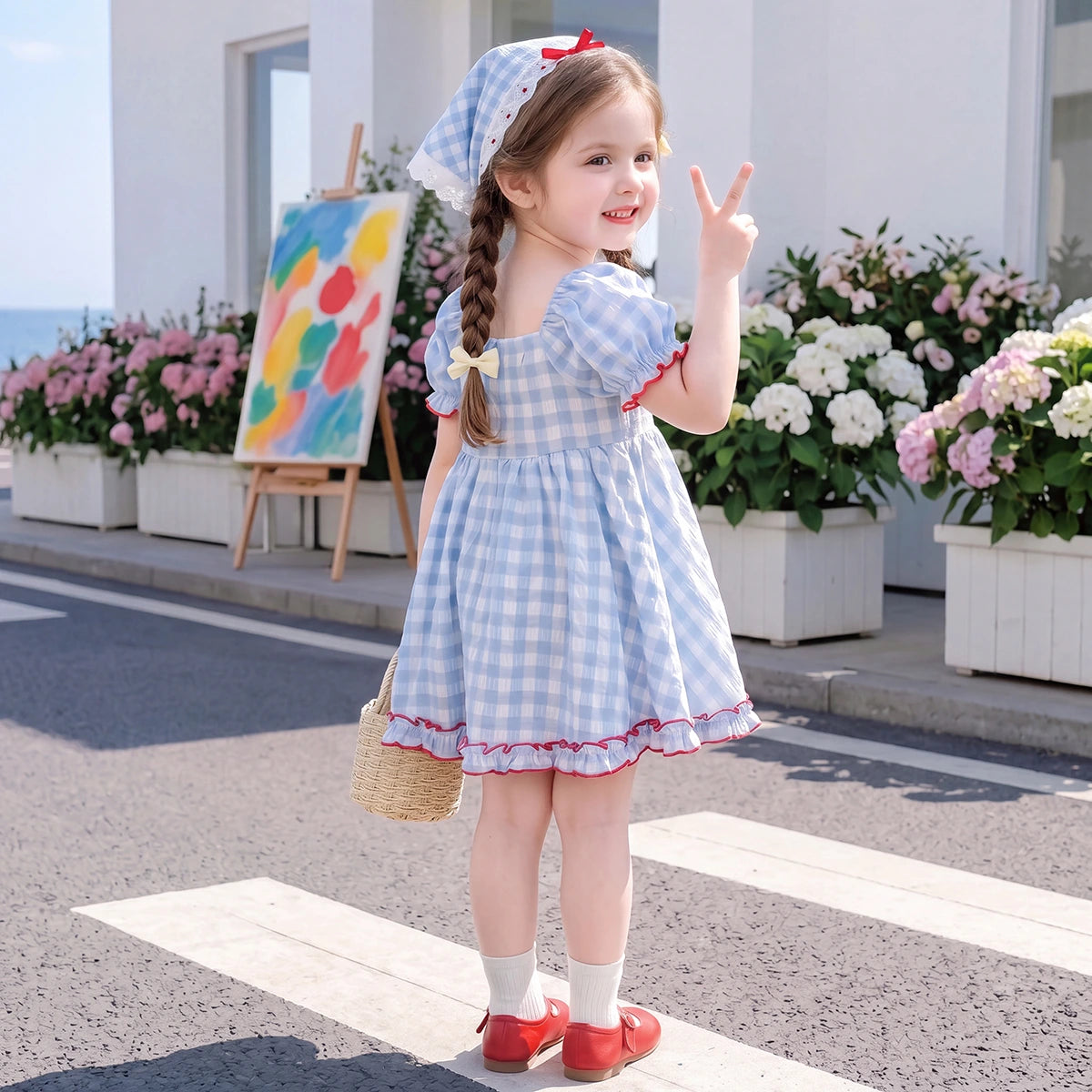 Girls Blue Checked Puff Sleeve Flared Dress Casual Dresses