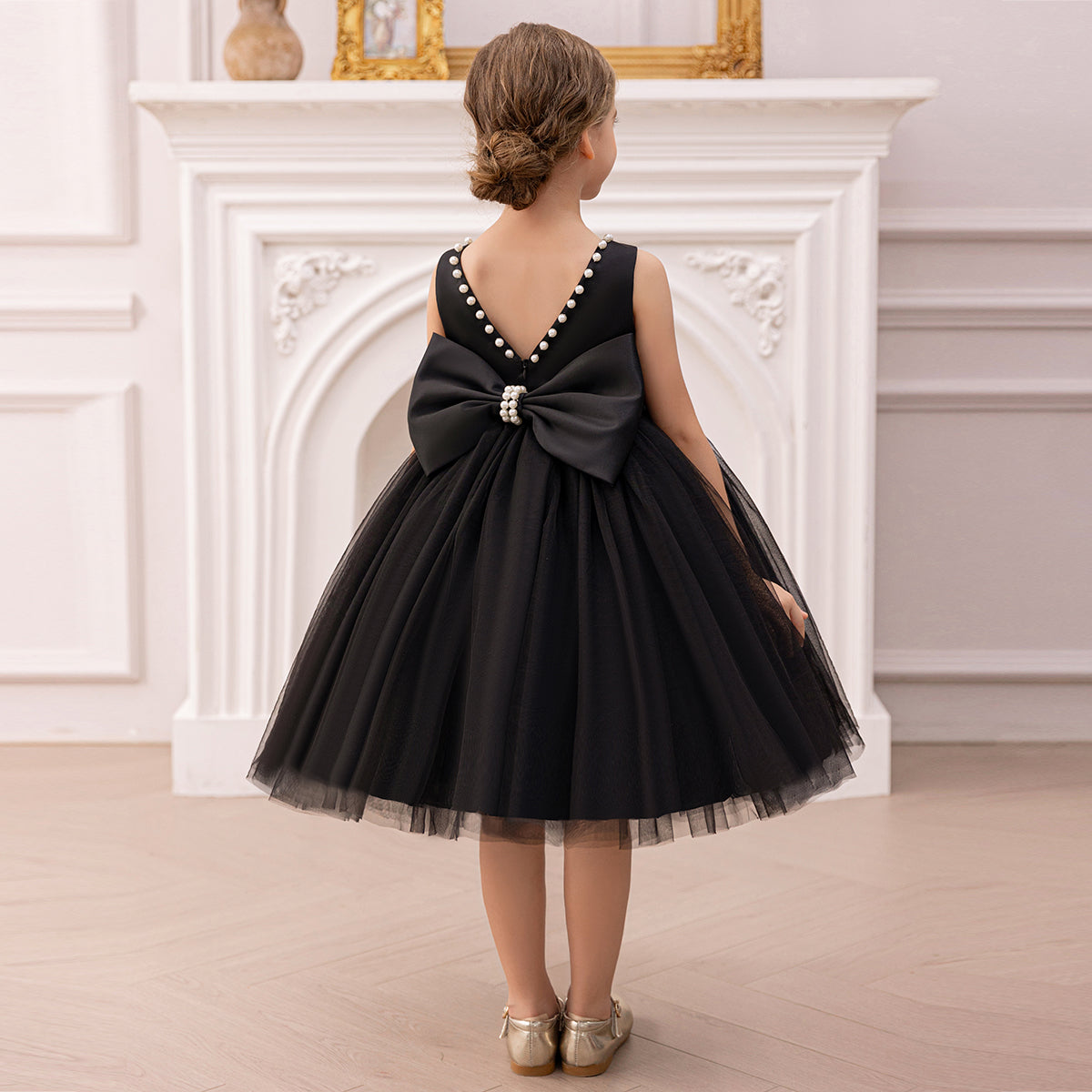 Girls Black Duchess Satin with Beaded Neck Tulle Overlay Party Dress Party Dresses