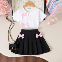 Girls White Bow Applique Short Sleeve T-Shirt With Pleated Skirt Sets 2 pc. Sets