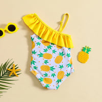 Girls Yellow Pineapple Print One Shoulder Swimwear Bodysuit Beachwear