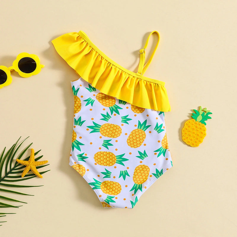 Girls Yellow Pineapple Print One Shoulder Swimwear Bodysuit Beachwear