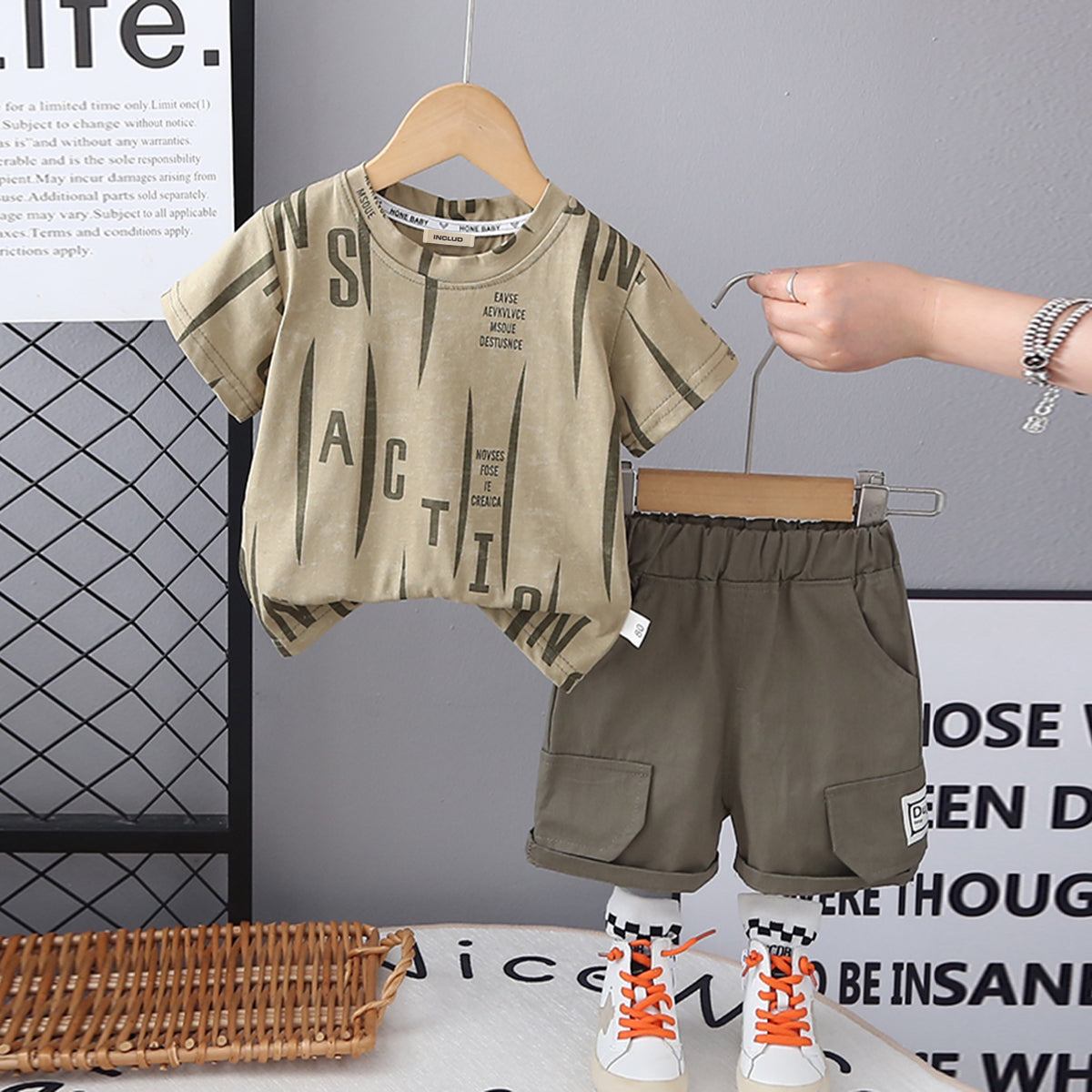 Boys Printed Short Sleeves Round Neck T-Shirt With Olive Green Shorts Set 2 pc. Sets Green 1-2 Y