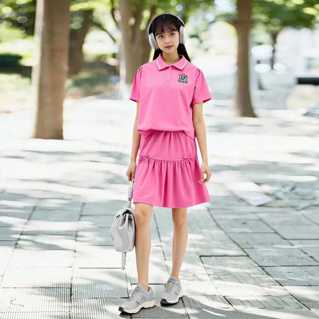 Girls Dark Pink Puff Sleeve Polo Top & Skirt Co-ord Set Sets