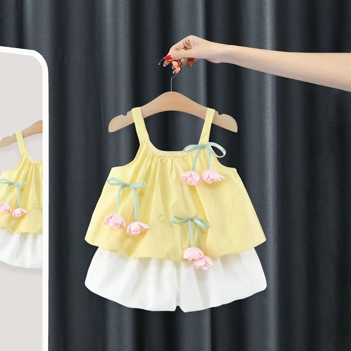 Girls Yellow Flower Applique Sleeveless Top With Elasticated Shorts Sets 2 pc. Sets Yellow 1-2 Y
