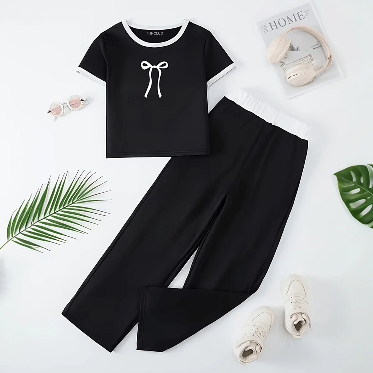 Girls Black Bow Graphic Top With Wide-Leg Pants Sets Sets Black 7-8 Y