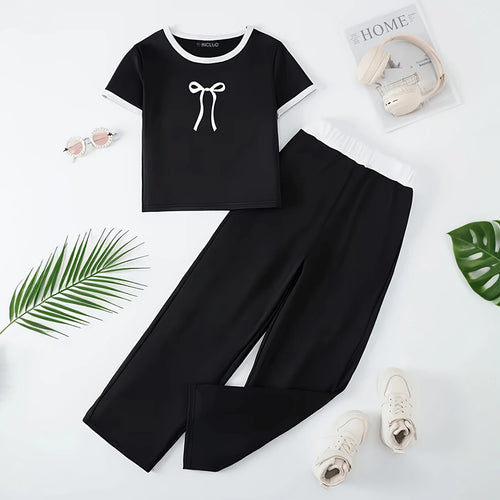 Girls Black Bow Graphic Top With Wide-Leg Pants Sets Sets Black 7-8 Y