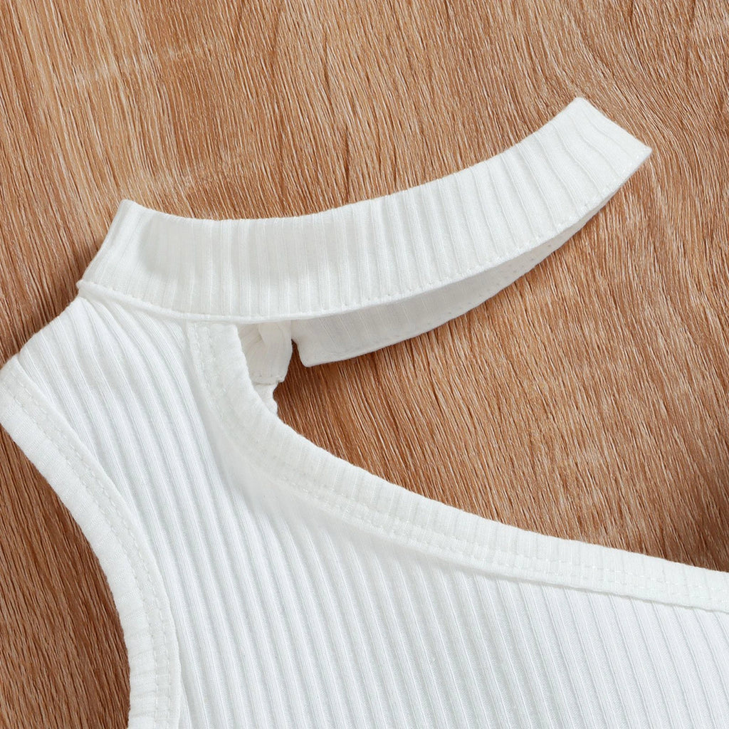 Girls White Ribbed One-Shoulder Top With Elasticated Shorts Sets 2 pc. Sets