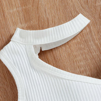 Girls White Ribbed One-Shoulder Top With Elasticated Shorts Sets 2 pc. Sets