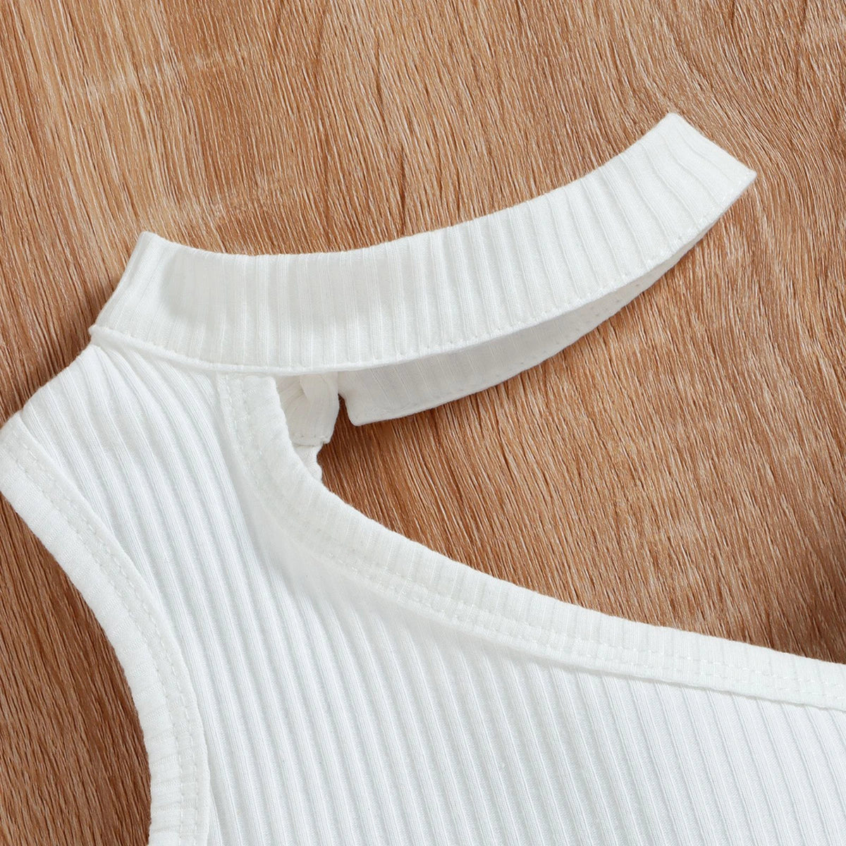 Girls White Ribbed One-Shoulder Top With Elasticated Shorts Sets 2 pc. Sets