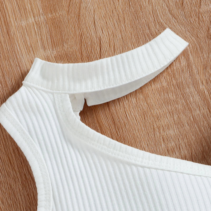Girls White Ribbed One-Shoulder Top With Elasticated Shorts Sets 2 pc. Sets