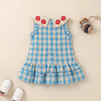 Girls Blue Checked Mushroom Crochet Collar A-Line Dress Casual Dresses