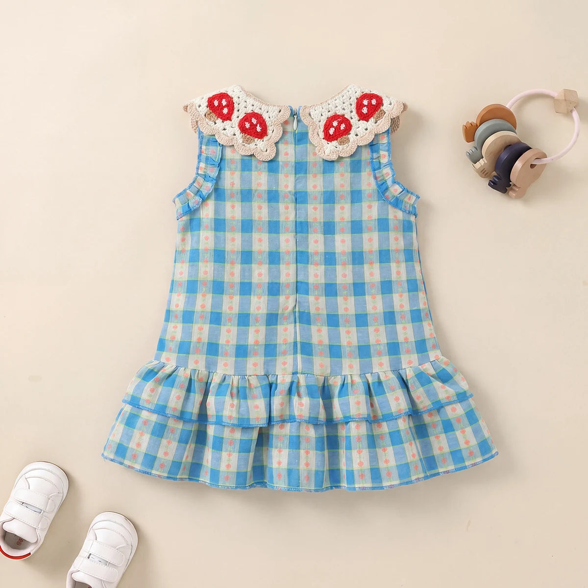 Girls Blue Checked Mushroom Crochet Collar A-Line Dress Casual Dresses