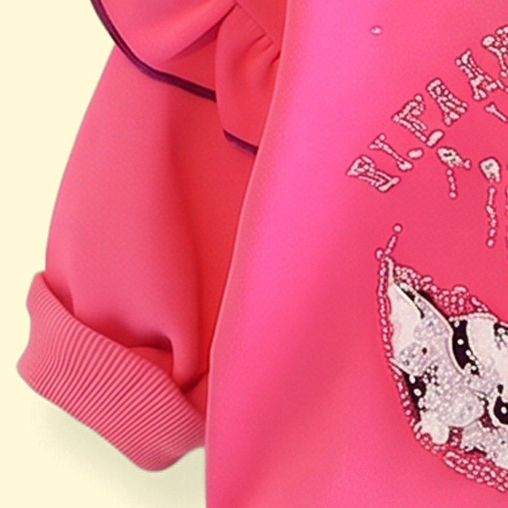 Girls Fuchsia Graphic Ruffled Sweatshirt & Denim Pants Sets Sets