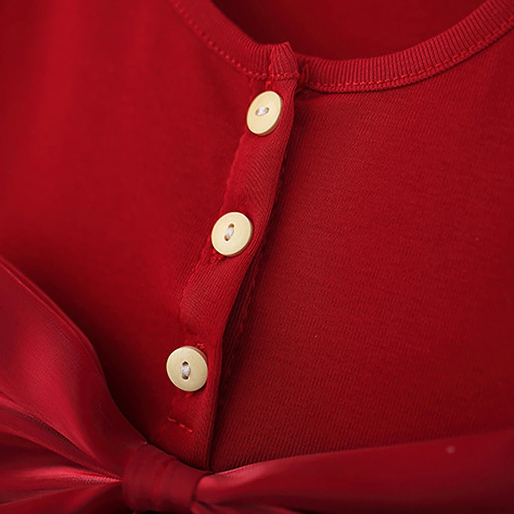Girls Red Solid Layered Ruffle Dress With Bow Casual Dresses