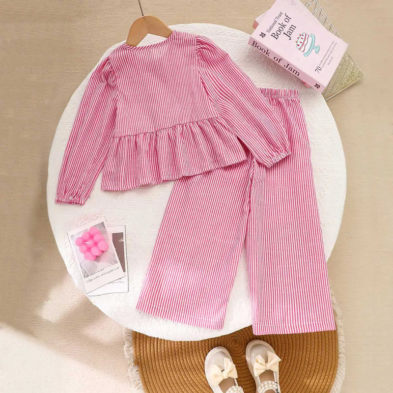 Girls Pink Stripes Peplum Top With Pant Co-ord Sets 2 pc. Sets