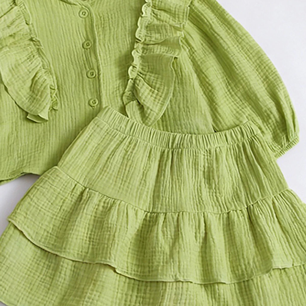 Girls Green Textured Ruffled Top with Tiered Skirt Sets 2 pc. Sets