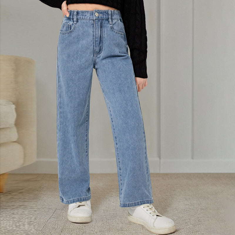 Girls Light Blue Straight Fitted Denim Pants Pants