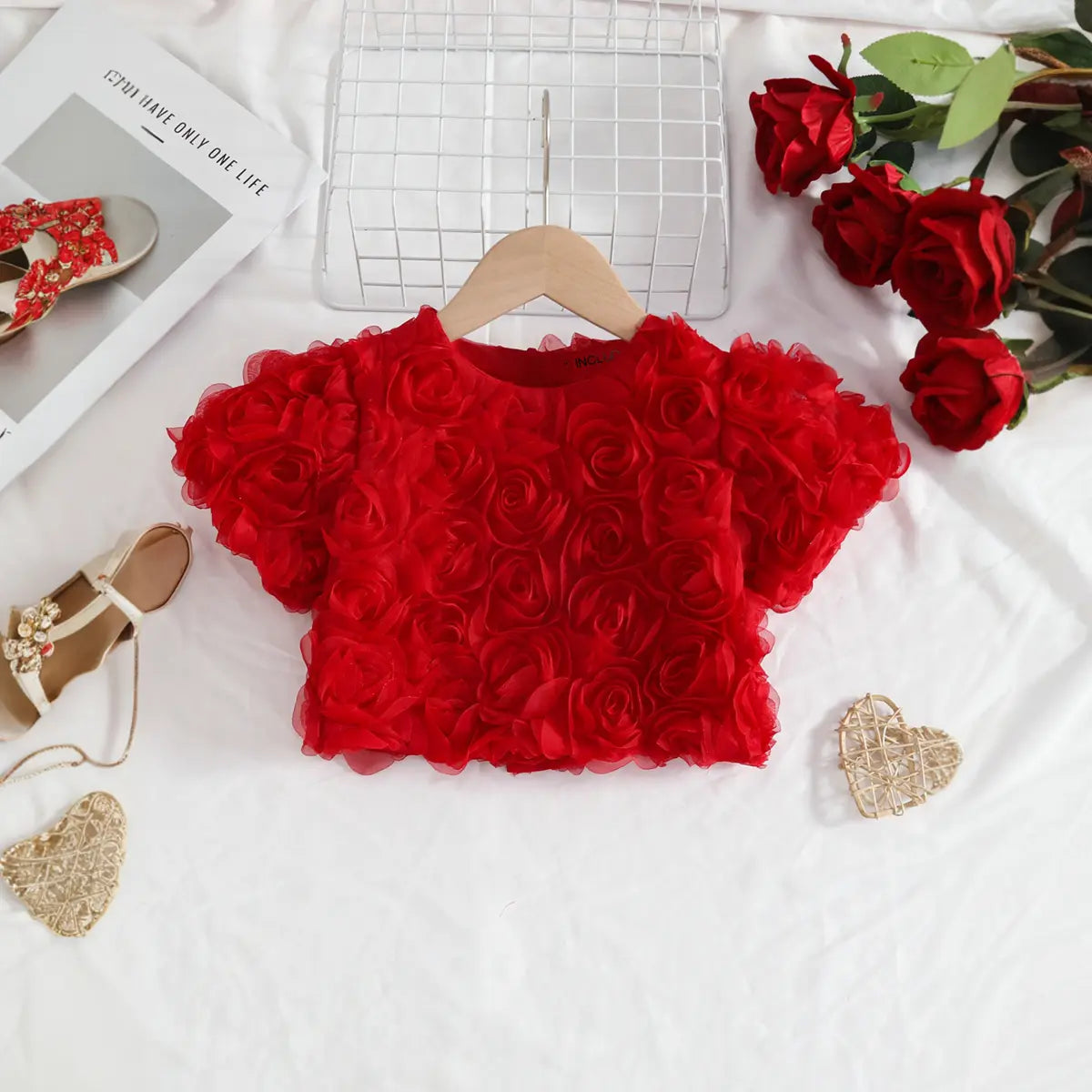 Girls Red 3D Rose Flower Applique Top With Denim Skirt Sets Sets