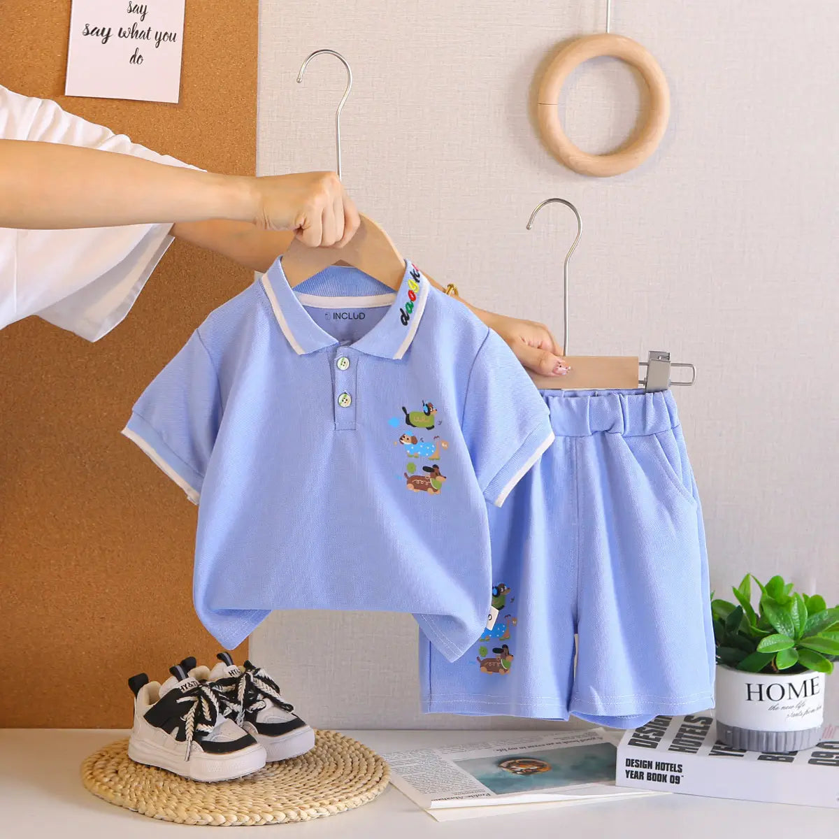 Boys Sky Blue Animal Graphic Short Sleeve Polo T-Shirt With Elasticated Shorts Sets 2 pc. Sets Sky Blue 1-2 Y