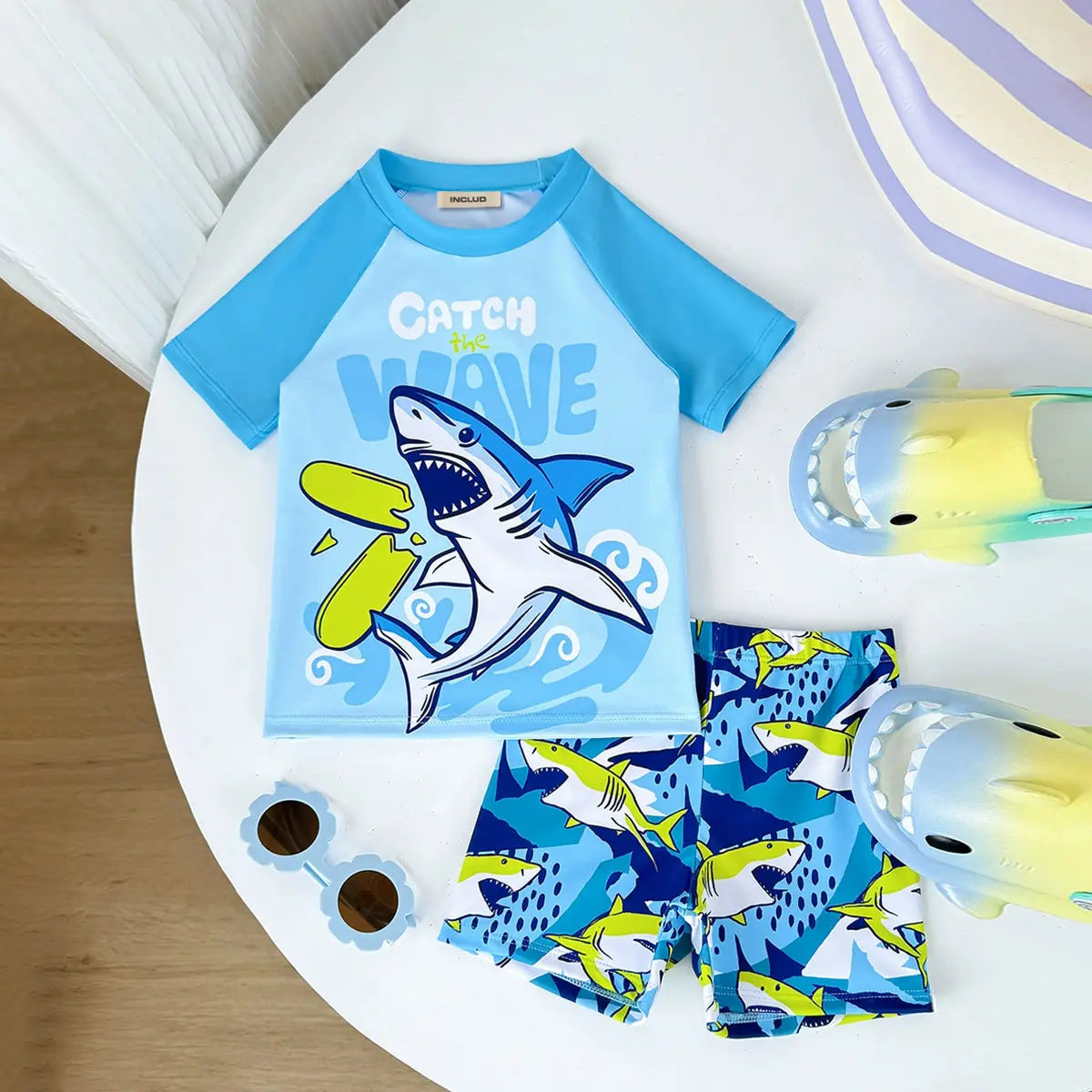 Boys Light Blue Shark Printed Short Sleeves T-Shirt & Shorts Swimsuit Sets Sets Light Blue 3-4 Y
