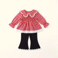 Girls Red Checked Bell Sleeve Top With Pants Sets 2 pc. Sets Red 1-2 Y
