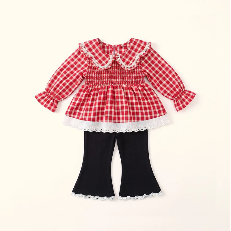 Girls Red Checked Bell Sleeve Top With Pants Sets 2 pc. Sets Red 1-2 Y