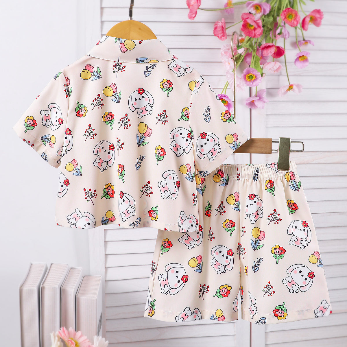 Girls White Cartoon Graphic Printed Short Sleeve Shirt With Shorts Set 2 pc. Sets
