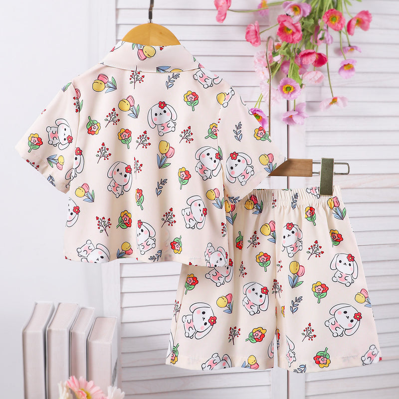 Girls White Cartoon Graphic Printed Short Sleeve Shirt With Shorts Set 2 pc. Sets