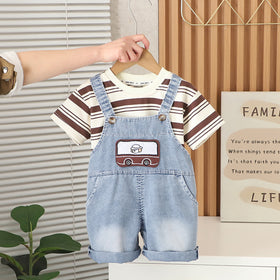 Boys Brown Striped T-Shirt with Denim Dungaree Set Sets Brown 1-2 Y