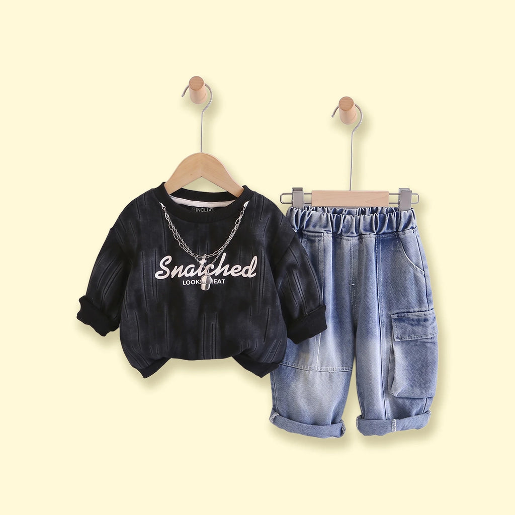 Boys Black Typography Sweatshirt With Denim Pants Sets 2 pc. Sets Black 1-2 Y